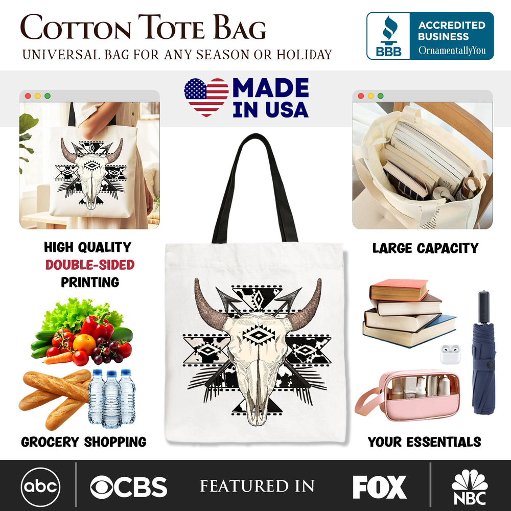 Aztec Tribal Bull Skull Canvas Tote Bag, Western Boho Gift Shopper Tote Bag OrnamentallyYou 