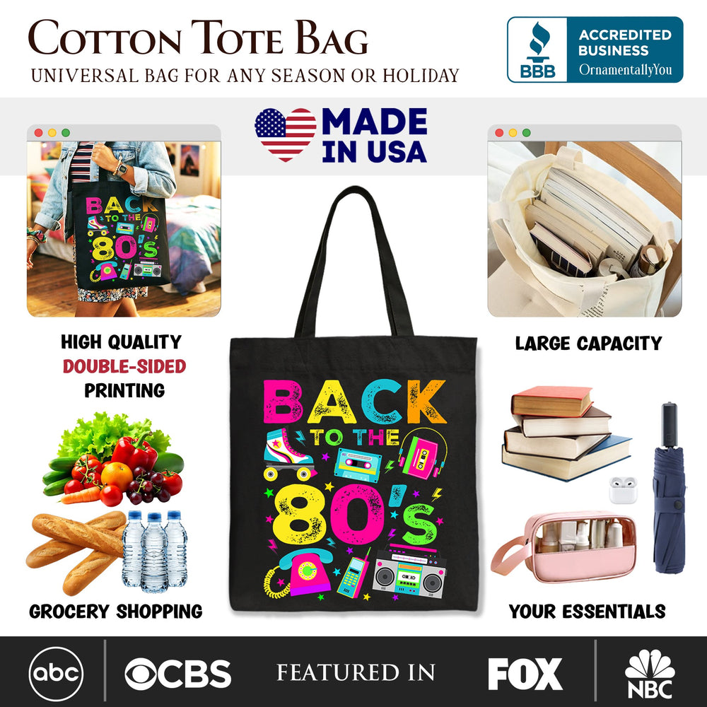 Back To The 80s Tote Bag, Colorful Retro Eighties Party Gift Shopper Tote Bag OrnamentallyYou 