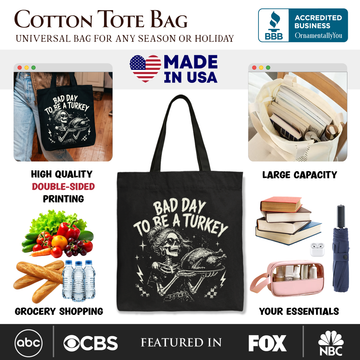 Bad Day to Be a Turkey Tote Bag, Funny Vintage Thanksgiving Skeleton Gift Shopper