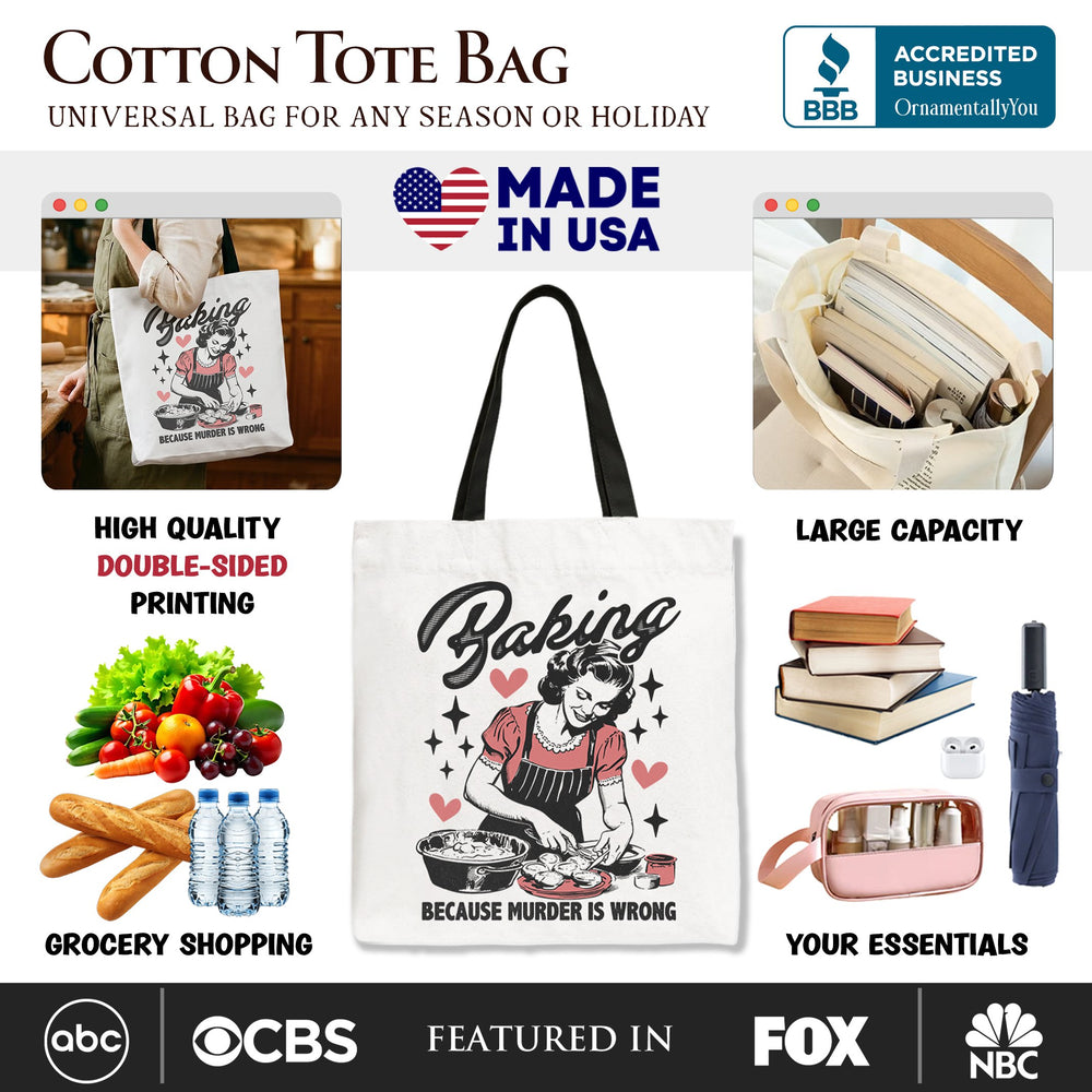 Baking Because Murder Is Wrong Anti-Valentine Tote Bag, Funny Retro Kitchen Gift Shopper Tote Bag OrnamentallyYou 