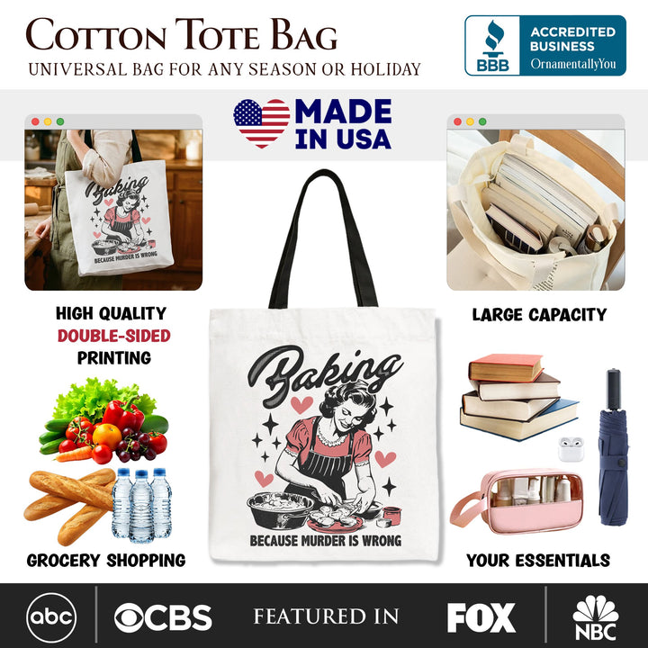 Baking Because Murder Is Wrong Anti-Valentine Tote Bag, Funny Retro Kitchen Gift Shopper Tote Bag OrnamentallyYou 