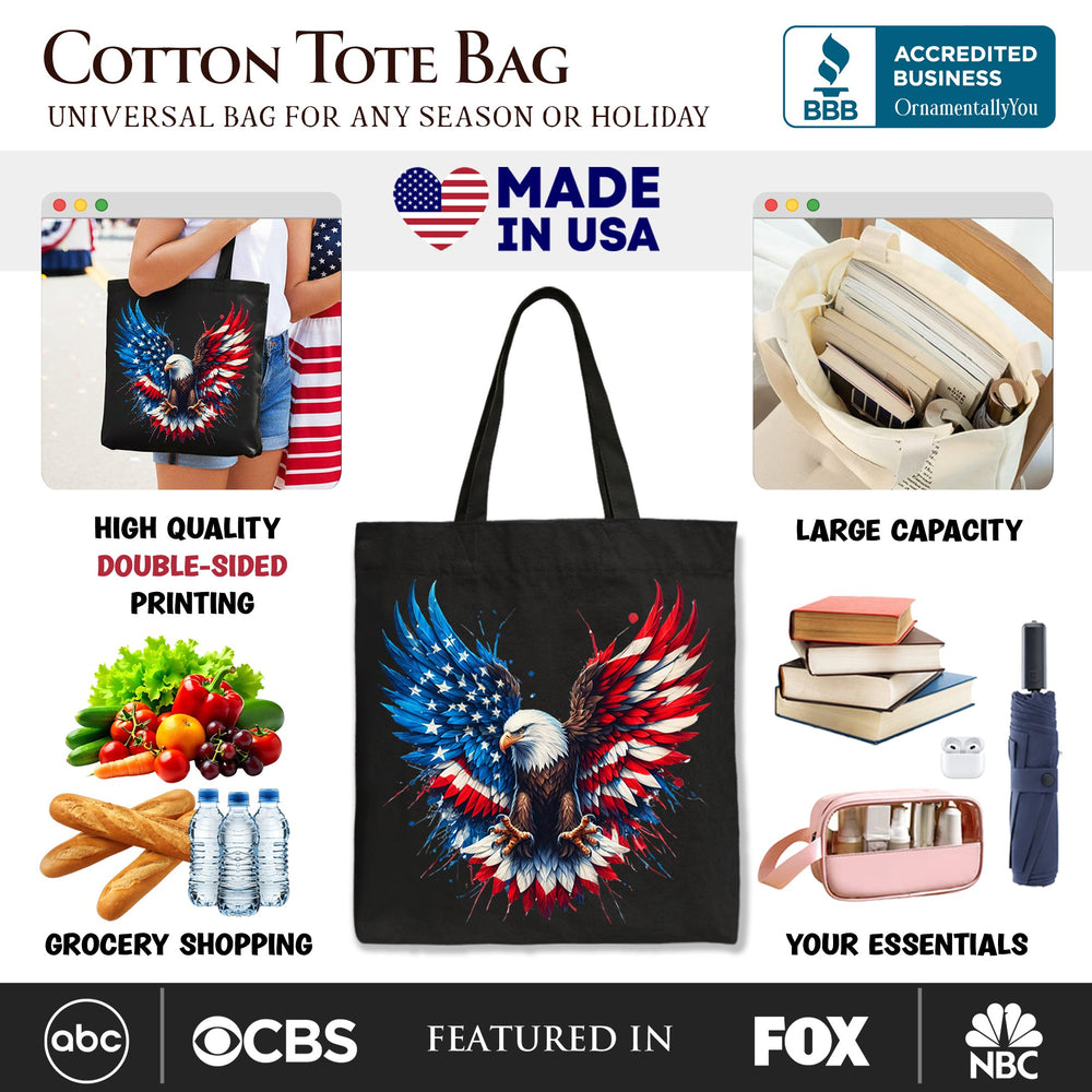 Bald Eagle American Flag Canvas Tote Bag, Patriotic Freedom Gift Shopper Tote Bag OrnamentallyYou 
