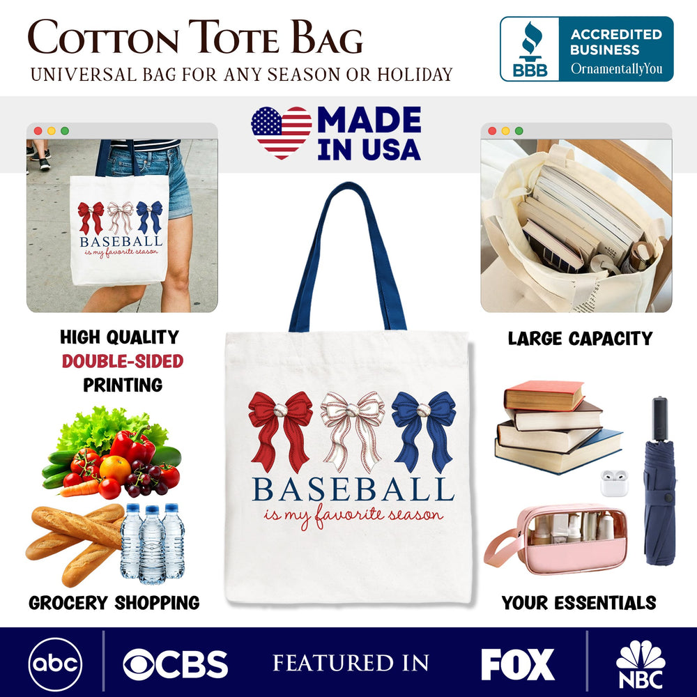 Baseball Is My Favorite Season Tote Bag, Coquette Bow Game Day Gift Shopper Tote Bag OrnamentallyYou 