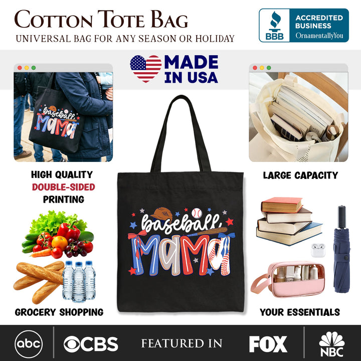 Baseball Mama Preppy Bow Tote Bag, Girly Sports Mom Gift Shopper Tote Bag OrnamentallyYou 