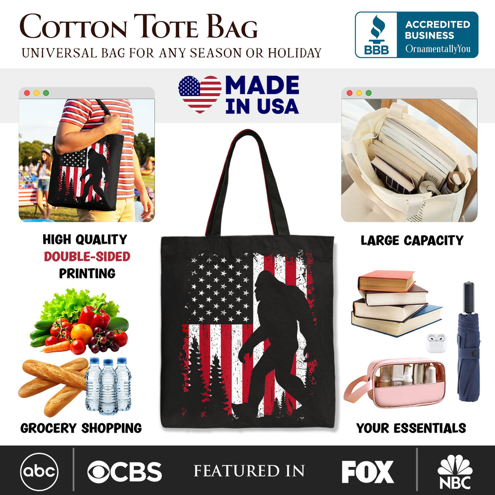 Bigfoot American Flag Canvas Tote Bag, Patriotic Sasquatch Gift Shopper Tote Bag OrnamentallyYou 