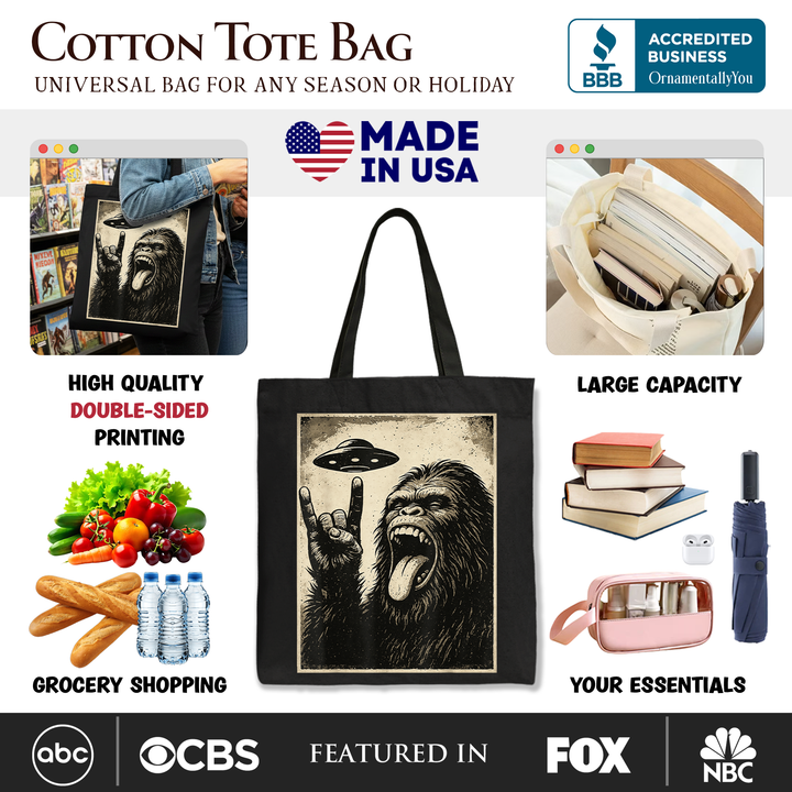 Bigfoot UFO Funny Canvas Tote Bag, Rock and Roll Sasquatch Meme Gift Shopper
