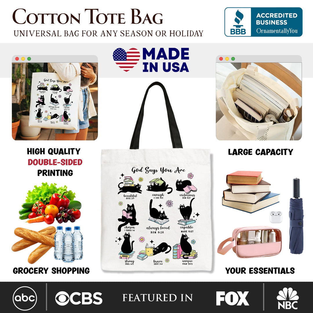 Book Cat God Says I Am Tote Bag, Christian Bible Verse Faith Gift Shopper Tote Bag OrnamentallyYou 