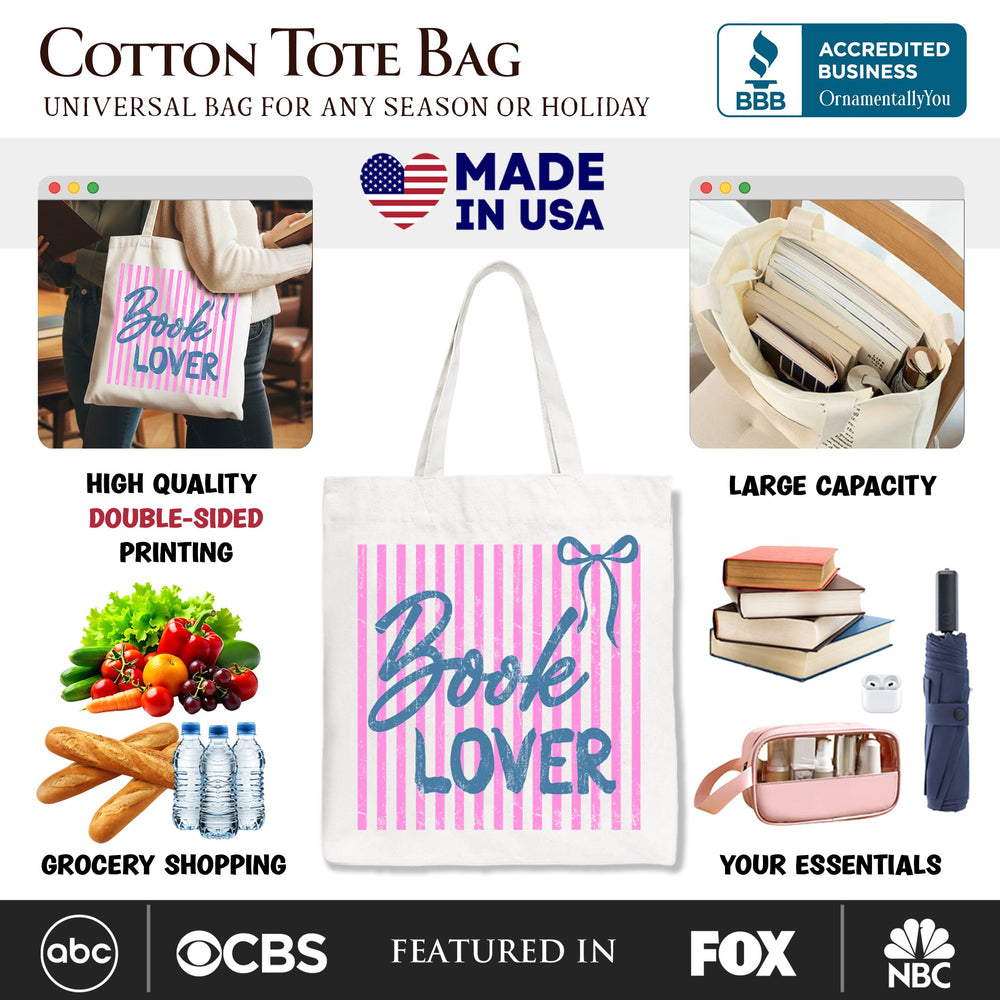 Book Lover Striped Reader Tote Bag, Coquette Bookworm Gift Shopper Tote Bag OrnamentallyYou 
