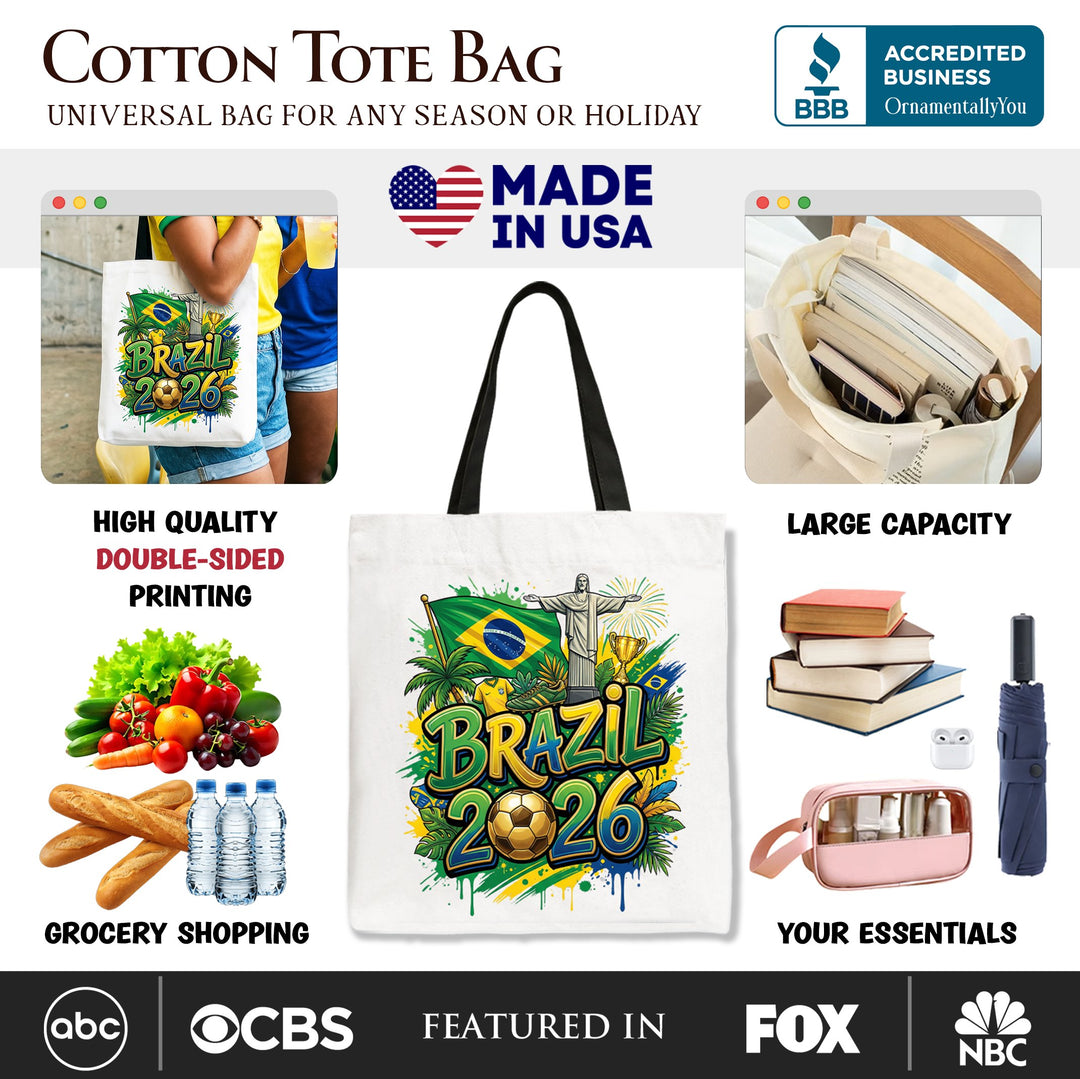 Brazil 2026 Soccer Cup Global Championship Tote Bag, Fans Football Gift Shopper Tote Bag OrnamentallyYou 