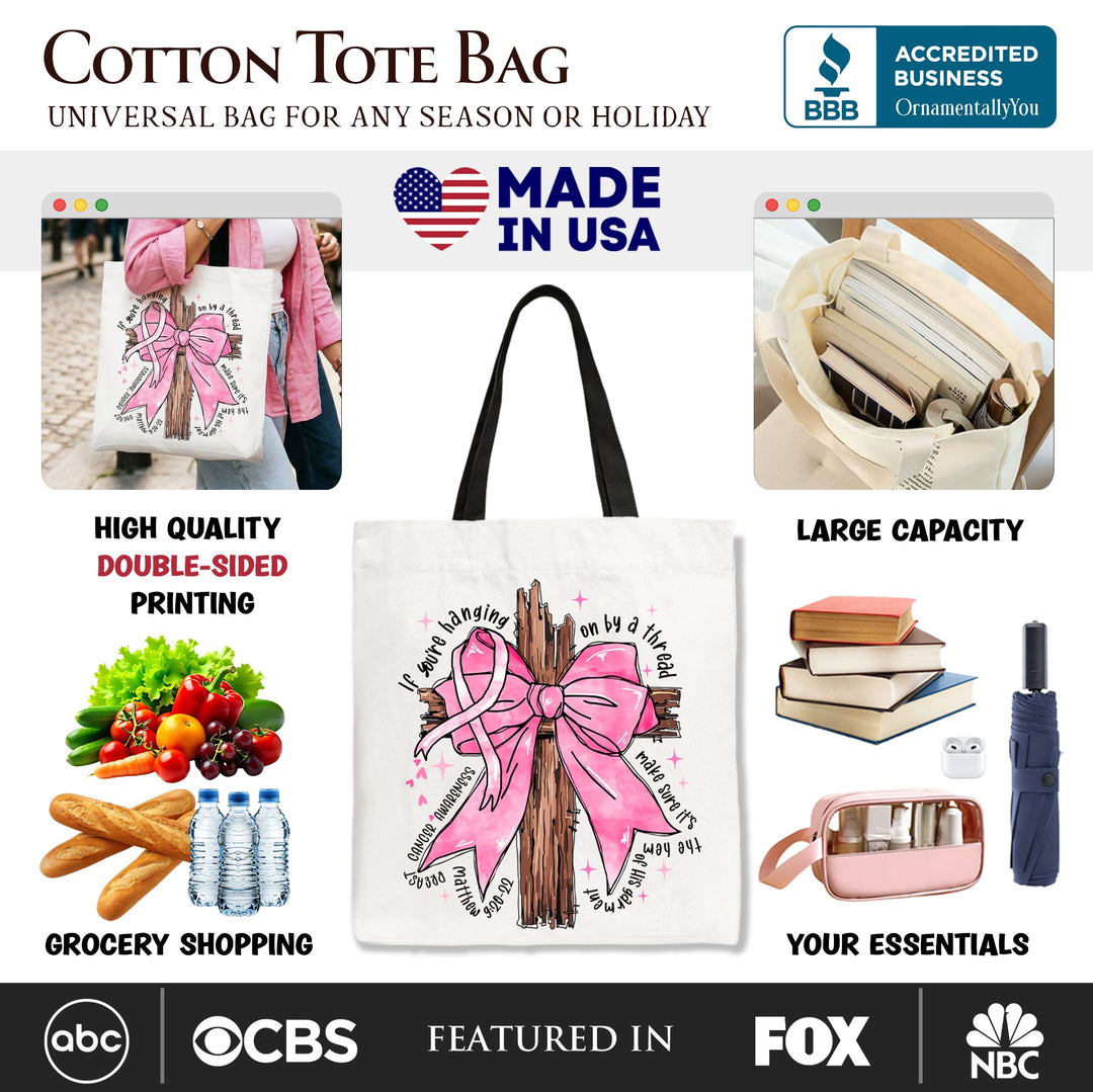 Breast Cancer Pink Bow Cross Tote Bag, Awareness Faith Christian Gift Shopper Tote Bag OrnamentallyYou 