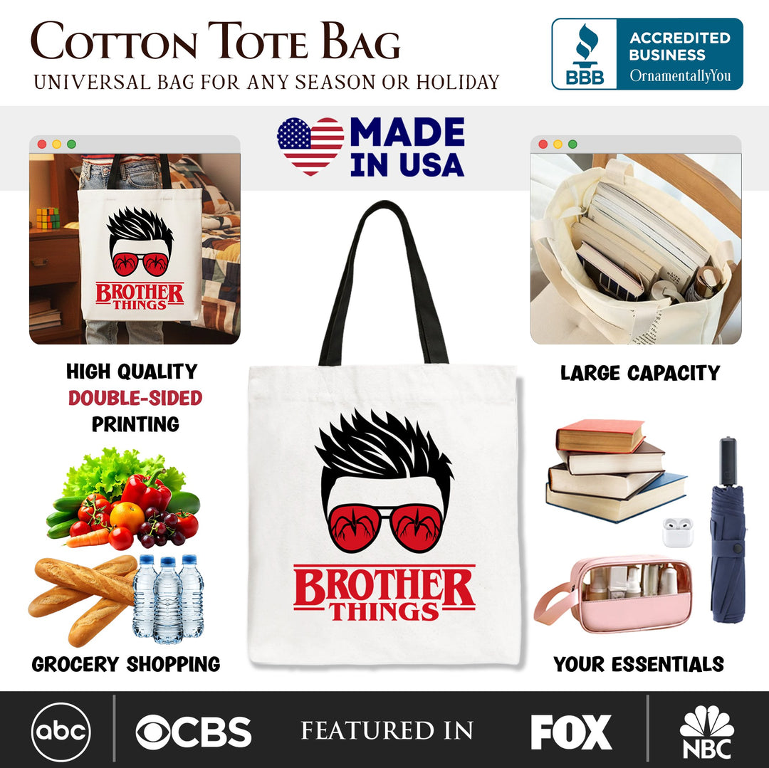 Brother Things Retro Canvas Tote Bag, Red Glasses Family Matching Gift Shopper Tote Bag OrnamentallyYou 