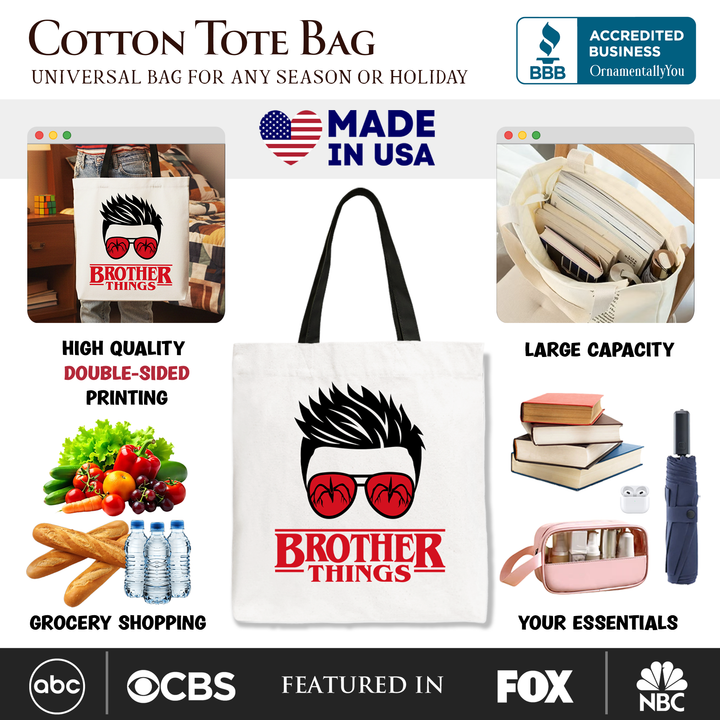 Brother Things Retro Canvas Tote Bag, Red Glasses Family Matching Gift Shopper