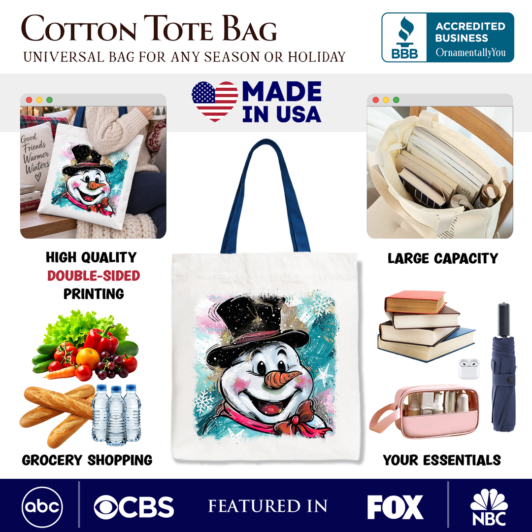 Brushstroke Cute Snowman Tote Bag, Preppy Merry Christmas Glitter Holiday Gift Shopper