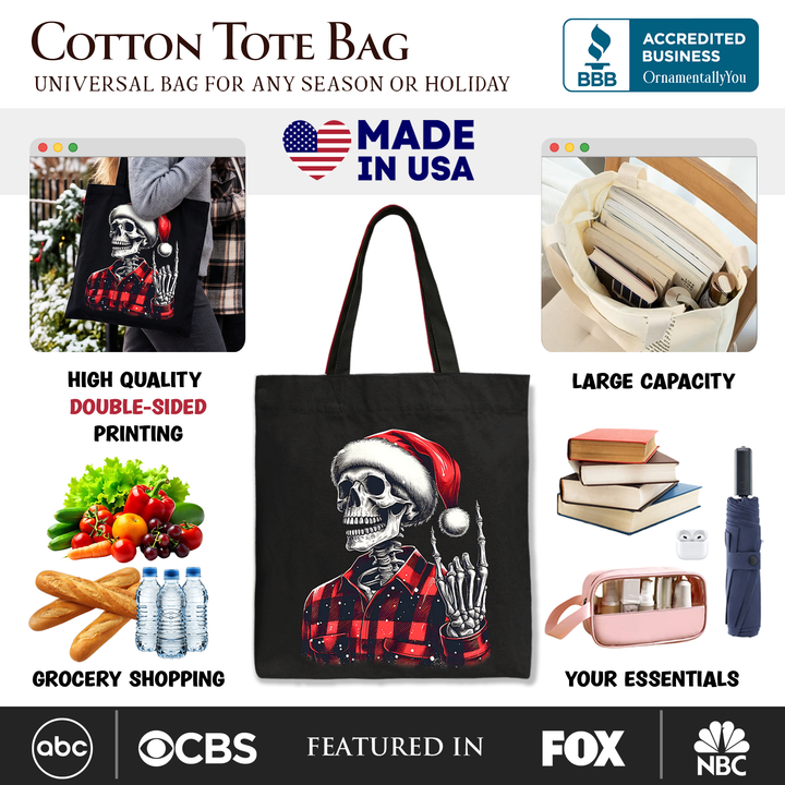 Buffalo Plaid Christmas Skeleton Tote Bag, Brutal Guys Gift Shopper