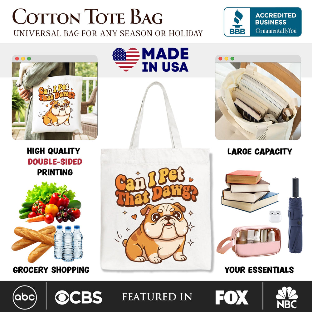 Can I Pet That Dawg Bulldog Retro Tote Bag, Cute Funny Dog Lover Gift Shopper Tote Bag OrnamentallyYou 