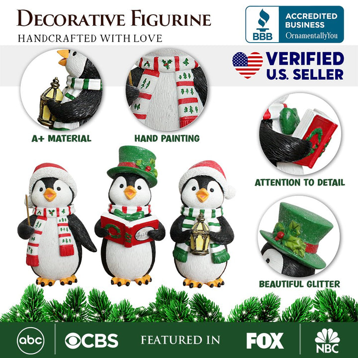 (Pre-Order) Carroling Penguin Trio Set of Christmas Figurines, 6" Winter Holiday Statue Set of Three Resin Statues OrnamentallyYou 