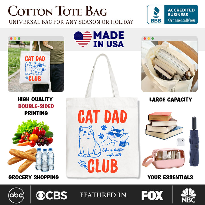 Cat Dad Club Retro Tote Bag, Funny Father's Day Gift Shopper Tote Bag OrnamentallyYou 