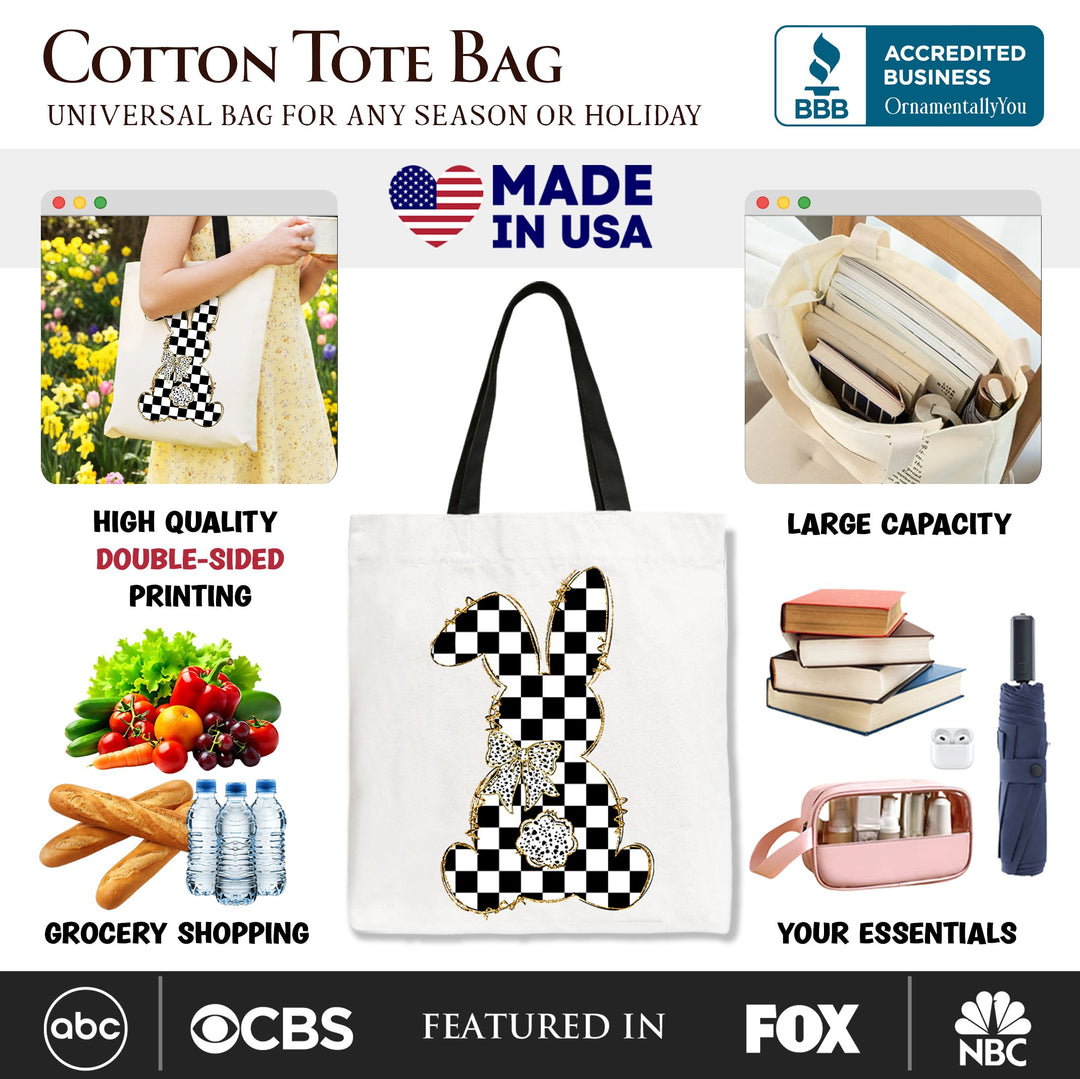 Checkered Easter Bunny Coquette Tote Bag, Stylish Spring Gift Shopper Tote Bag OrnamentallyYou 
