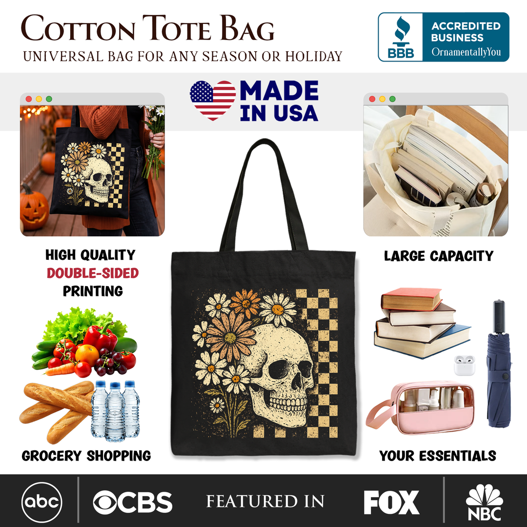 Checkered Floral Skeleton Tote Bag, Vintage Skull Daisy Halloween Gift Shopper