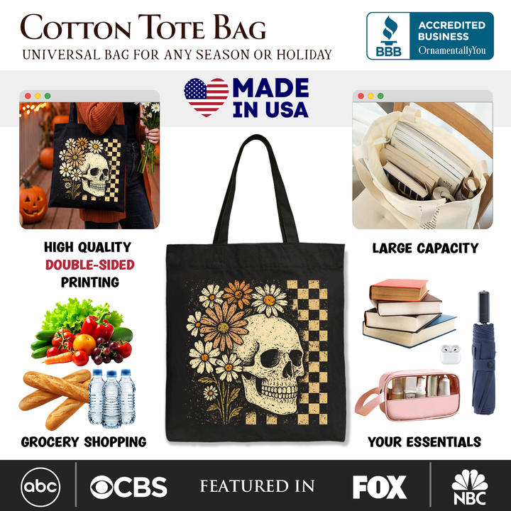Checkered Floral Skeleton Tote Bag, Vintage Skull Daisy Halloween Gift Shopper