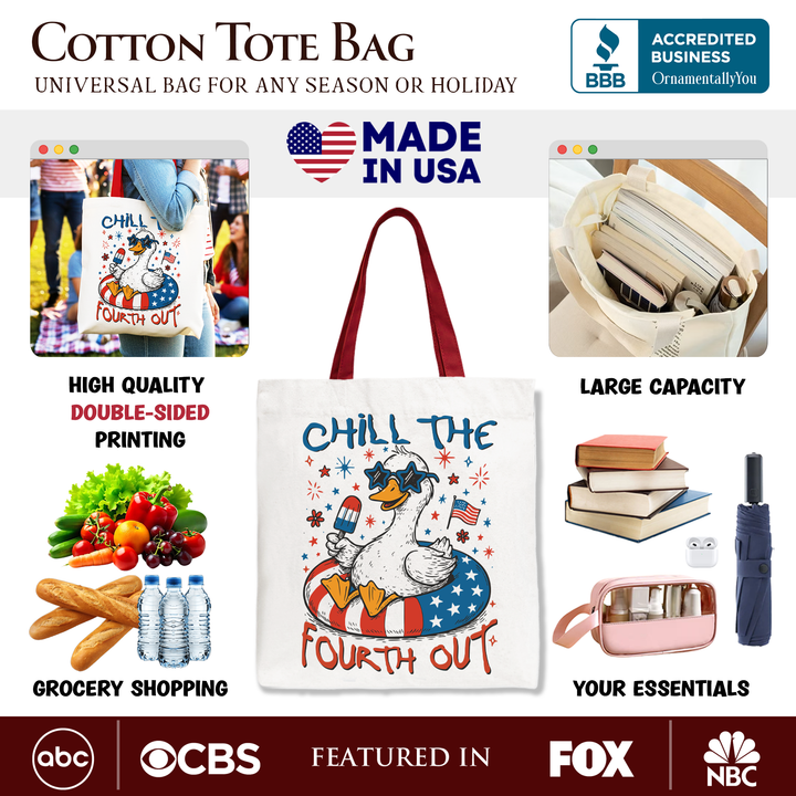 Chill The Fourth Out Goose Canvas Tote Bag, Funny Patriotic 4th of July Gift Shopper