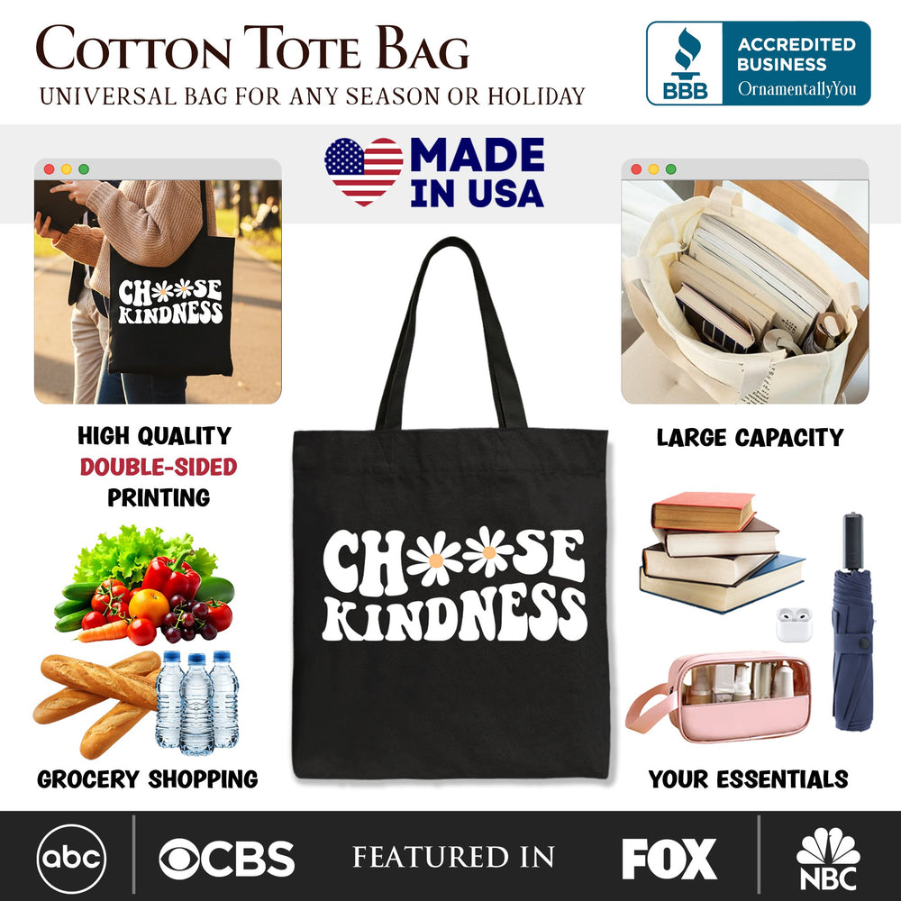 Choose Kindness Daisies Tote Bag, Retro Groovy Positive Quote Gift Shopper Tote Bag OrnamentallyYou 