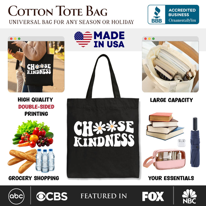 Choose Kindness Daisies Tote Bag, Retro Groovy Positive Quote Gift Shopper Tote Bag OrnamentallyYou 