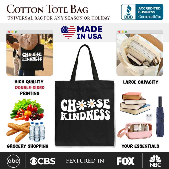 Choose Kindness Daisies Tote Bag, Retro Groovy Positive Quote Gift Shopper