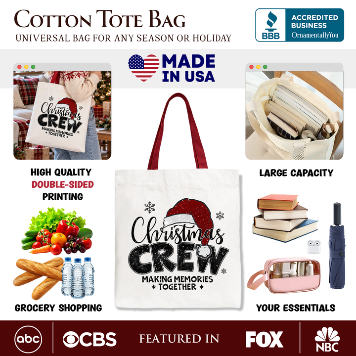 Christmas Crew Tote Bag, Glitter Santa Hat Gift Shopper for Making Memories
