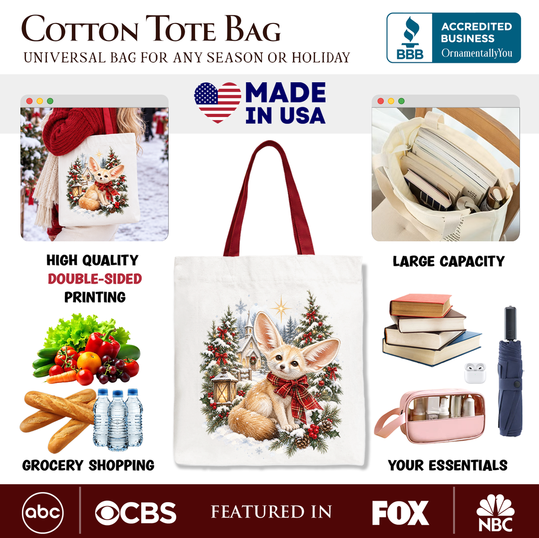 Church Fennec Fox Christmas Tote Bag, Winter Holiday Animal Gift Shopper