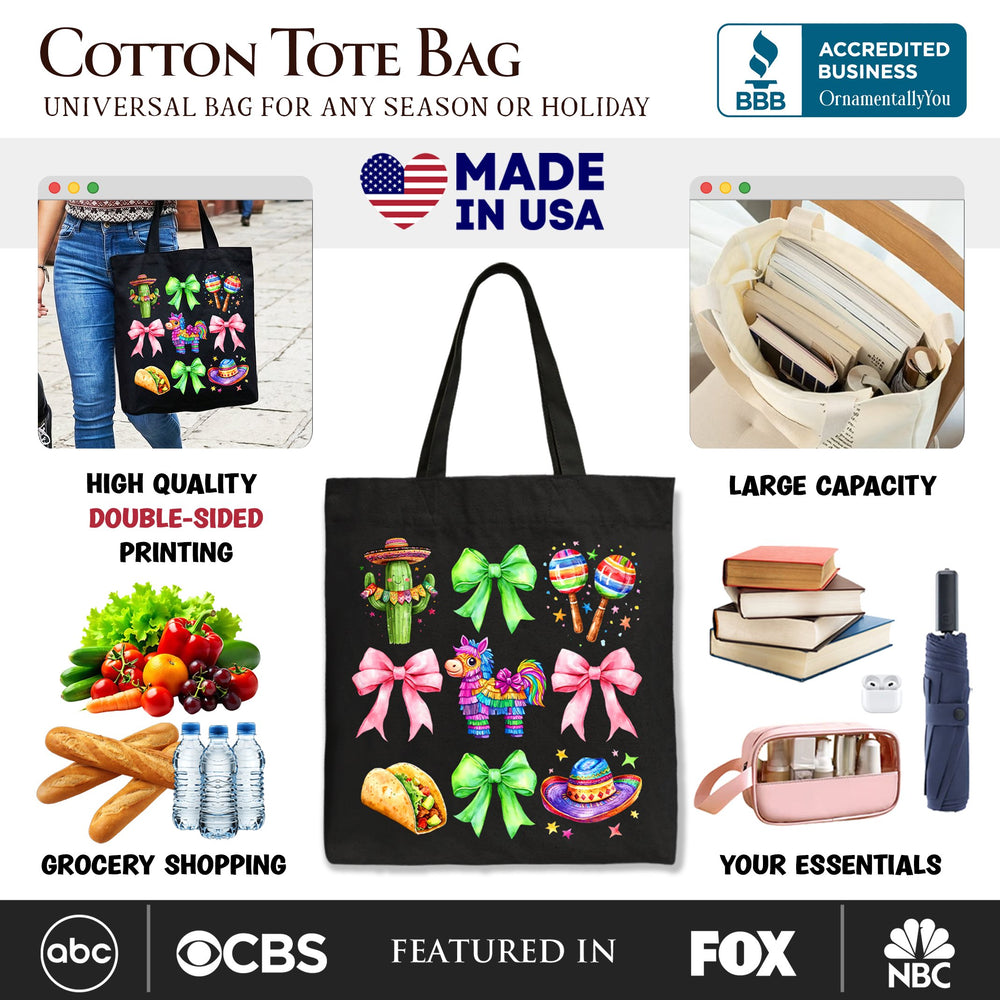 Cinco De Mayo Coquette Bow Tote Bag, Mexican Fiesta Maracas Gift Shopper Tote Bag OrnamentallyYou 