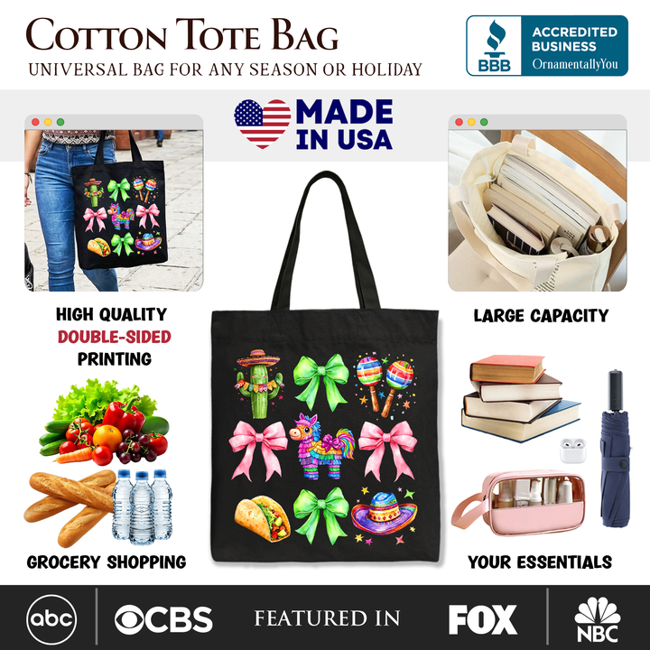 Cinco De Mayo Coquette Bow Tote Bag, Mexican Fiesta Maracas Gift Shopper
