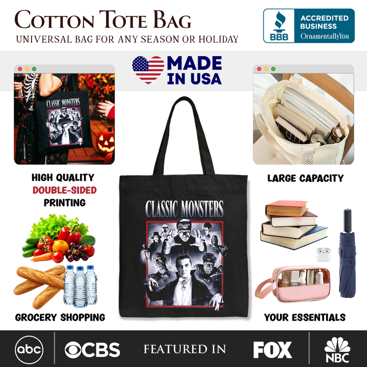 Classic Monsters Black and White Tote Bag, Retro Vintage Horror Gift Shopper