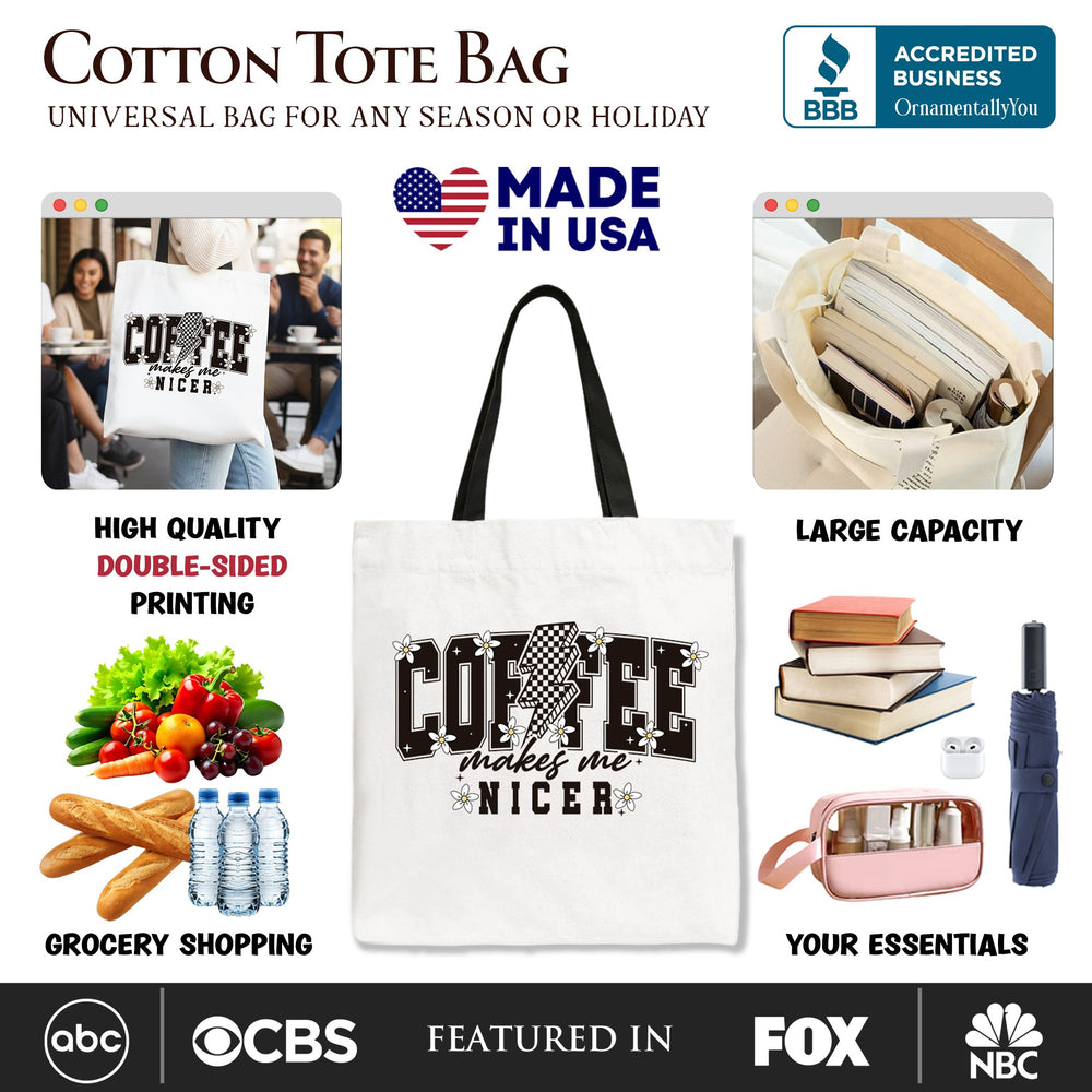 Coffee Makes Me Nicer Retro Tote Bag, Trendy Gift Shopper for Stylish Women and Caffeine Lovers Tote Bag OrnamentallyYou 