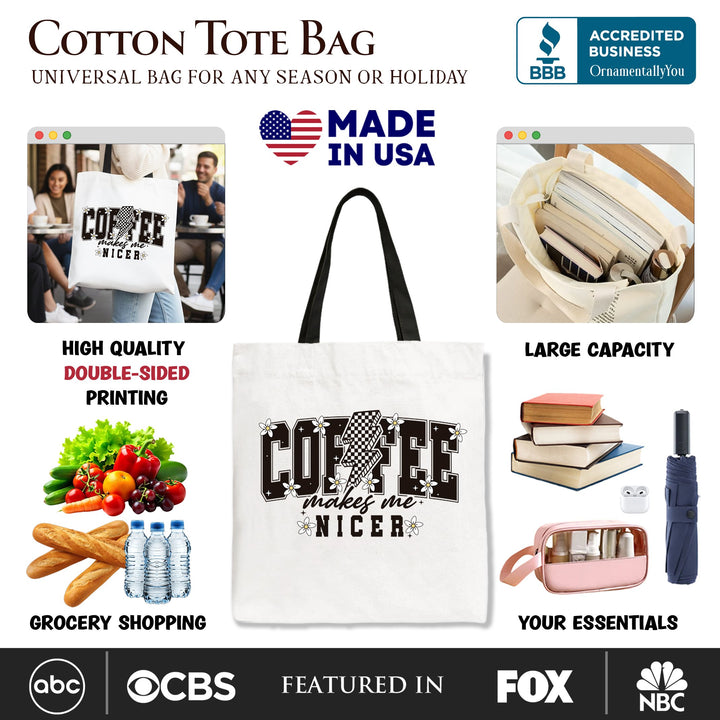Coffee Makes Me Nicer Retro Tote Bag, Trendy Gift Shopper for Stylish Women and Caffeine Lovers Tote Bag OrnamentallyYou 