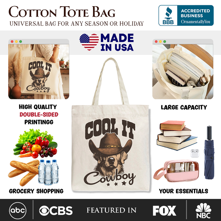 Cool It Cowboy Canvas Tote Bag With Western Dog, Retro Golden Retriever Gift Shopper for Country Lover
