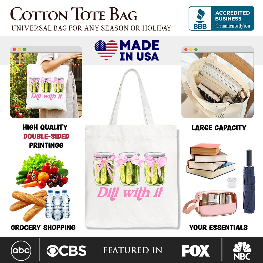 Coquette Dill With It Funny Canvas Tote Bag, Pink Bow Pickle Lover Gift Shopper for Cute and Quirky Style Fans Tote Bag OrnamentallyYou 