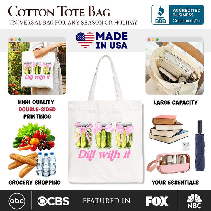 Coquette Dill With It Funny Canvas Tote Bag, Pink Bow Pickle Lover Gift Shopper for Cute and Quirky Style Fans Tote Bag OrnamentallyYou 