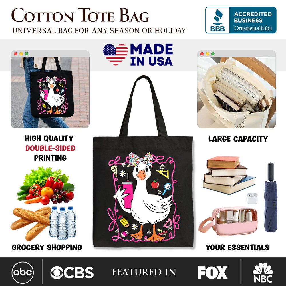 Coquette Teacher Goose Tote Bag, Funny Classroom Gift Shopper for Educators Tote Bag OrnamentallyYou 