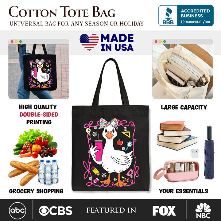Coquette Teacher Goose Tote Bag, Funny Classroom Gift Shopper for Educators Tote Bag OrnamentallyYou 