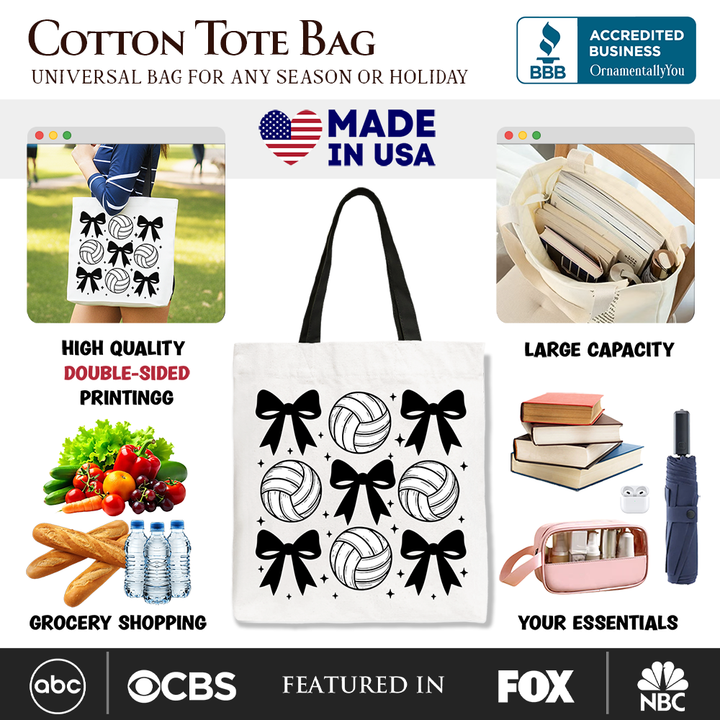 Coquette Volleyball Bows Canvas Tote Bag, Cute Athletic Sports Game Day Gift Shopper