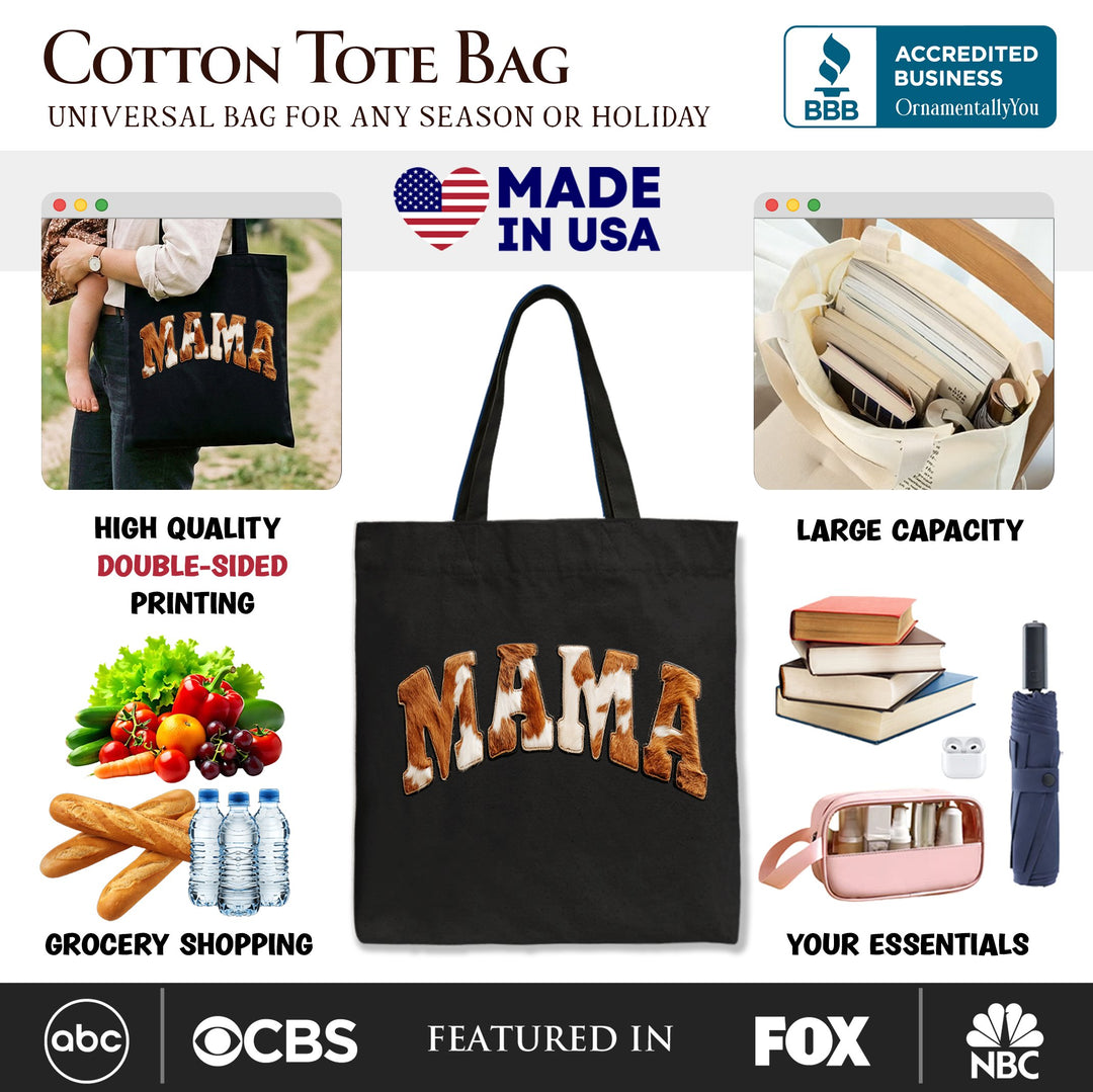 Cow Print Mama Western Tote Bag, Faux Cowhide Mom Gift Shopper Tote Bag OrnamentallyYou 