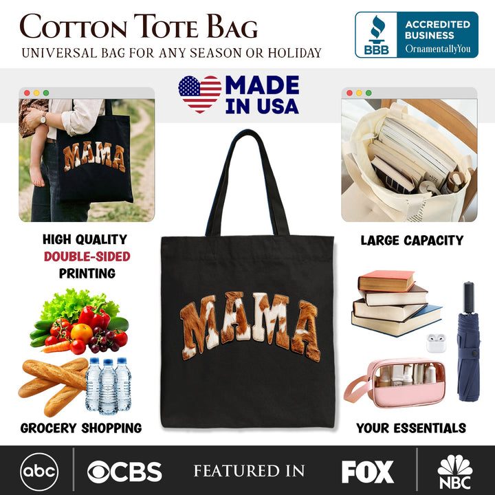Cow Print Mama Western Tote Bag, Faux Cowhide Mom Gift Shopper Tote Bag OrnamentallyYou 