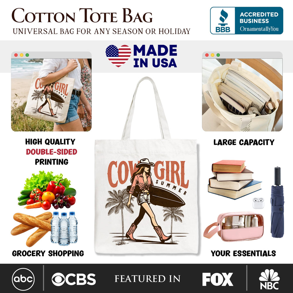 Cowgirl Summer Surf Tote Bag, Retro Western Beach Gift Shopper for Free-Spirited Women Tote Bag OrnamentallyYou 