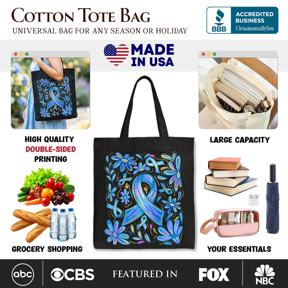 Diabetes Blue Ribbon Floral Tote Bag, Awareness Support Gift Shopper Tote Bag OrnamentallyYou 