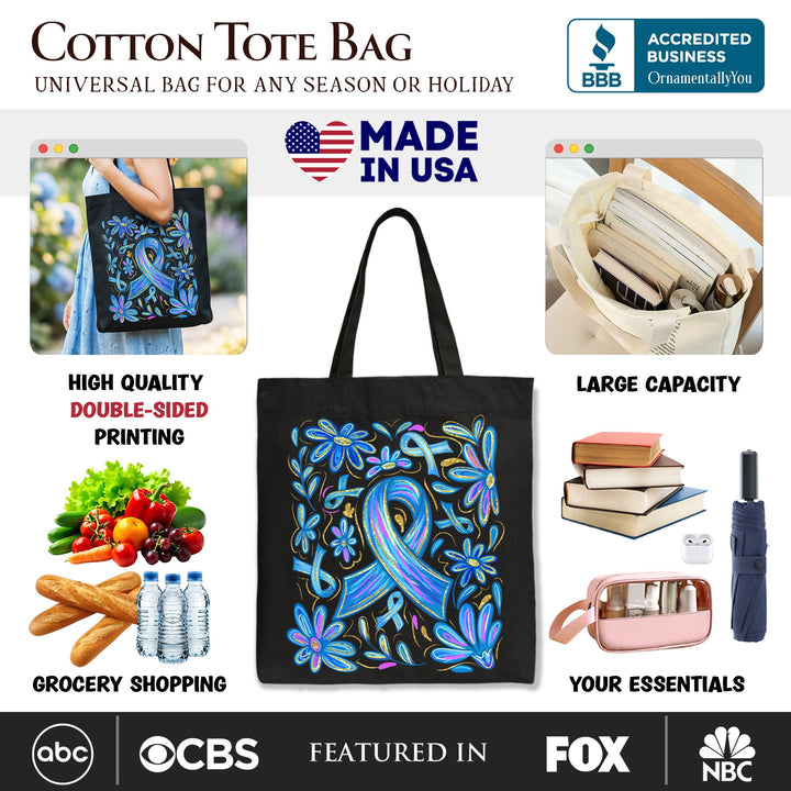 Diabetes Blue Ribbon Floral Tote Bag, Awareness Support Gift Shopper Tote Bag OrnamentallyYou 