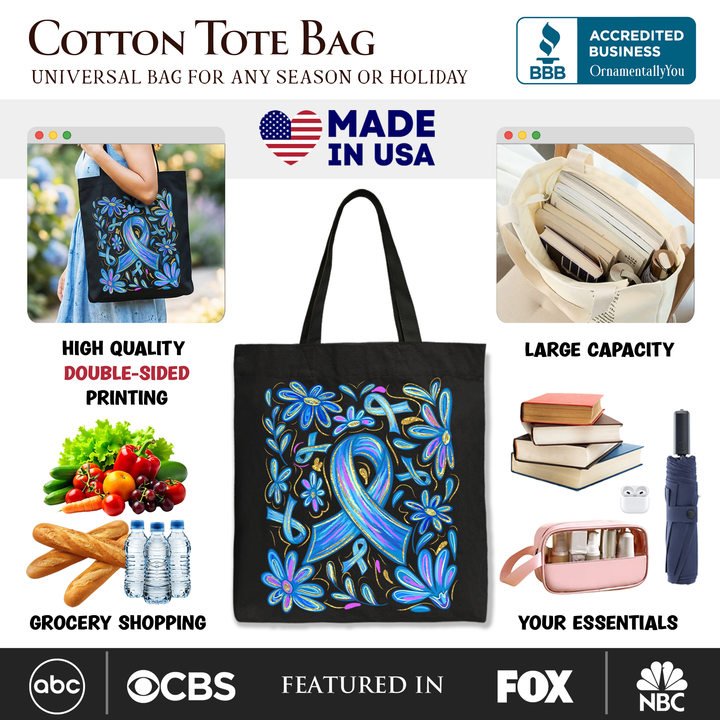 Diabetes Blue Ribbon Floral Tote Bag, Awareness Support Gift Shopper