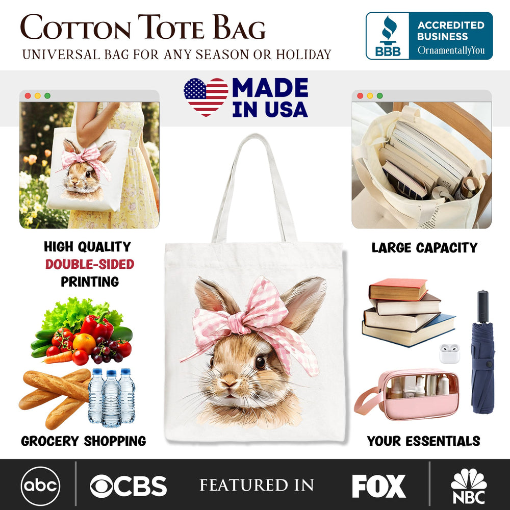 Easter Bunny Coquette Pink Bow Tote Bag, Cute Watercolor Gift Shopper Tote Bag OrnamentallyYou 