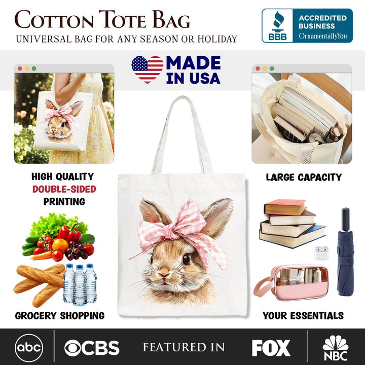 Easter Bunny Coquette Pink Bow Tote Bag, Cute Watercolor Gift Shopper Tote Bag OrnamentallyYou 