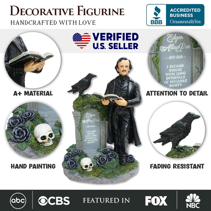 (Pre-Order) Edgar Allan Poe Handpainted 9" Figurine, Horror Home Statue Decoration Resin Statues OrnamentallyYou 